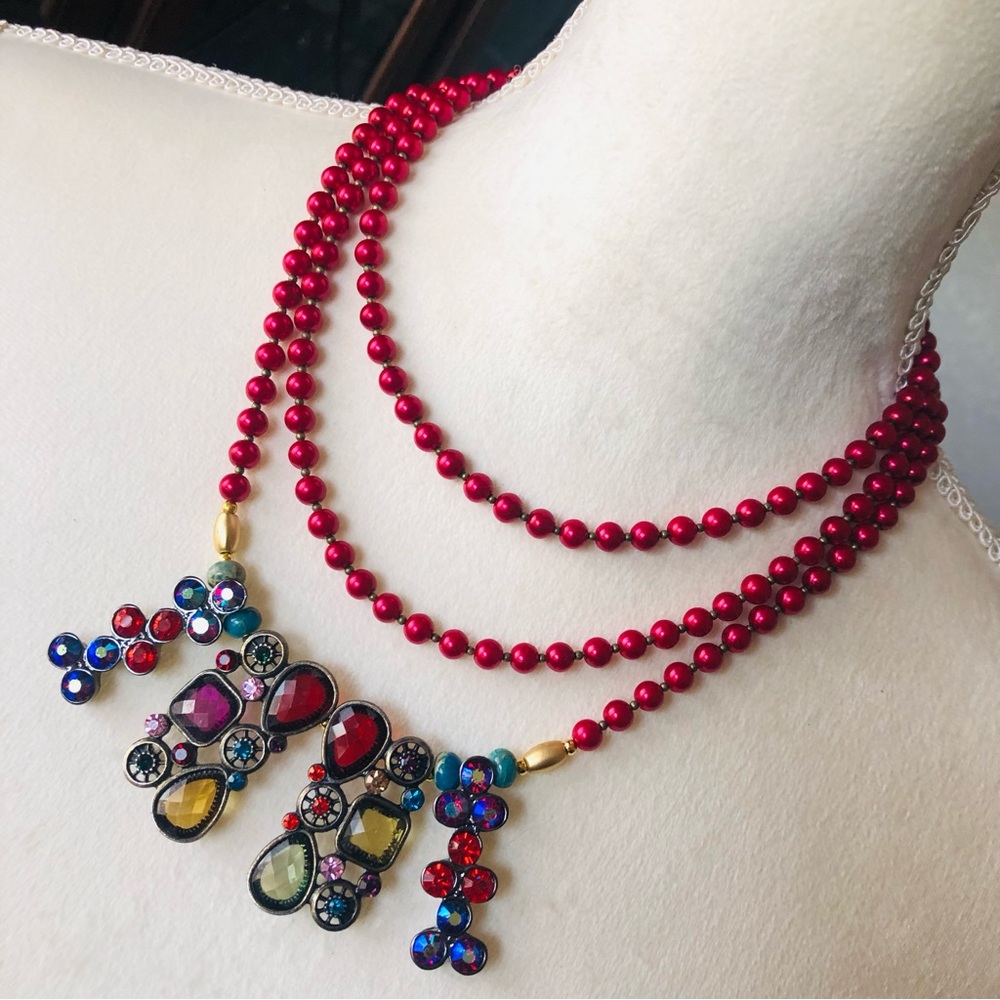 Handcrafted repurpose red sparkle Czech glass Pearl genuine ruby clasp necklace